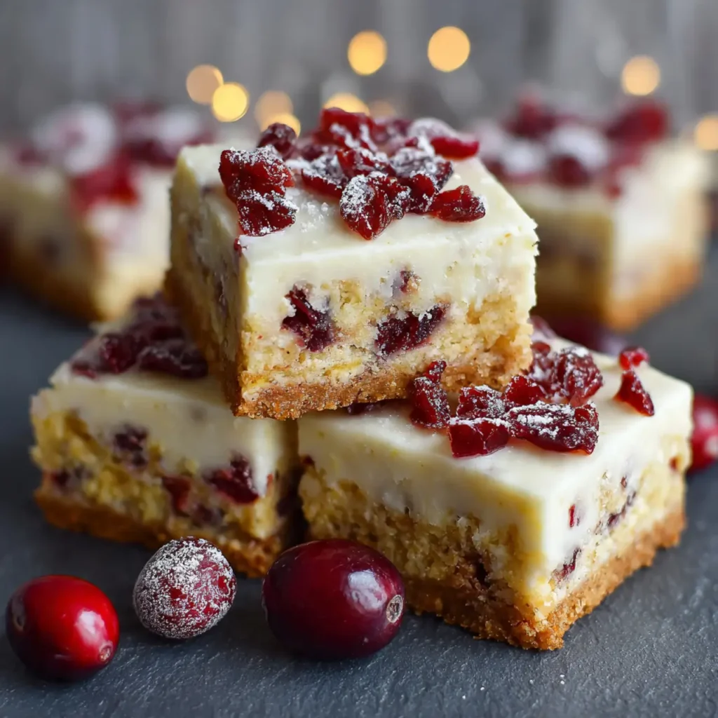 Stacked cranberry bliss bars with cream cheese topping and dried cranberries on top.