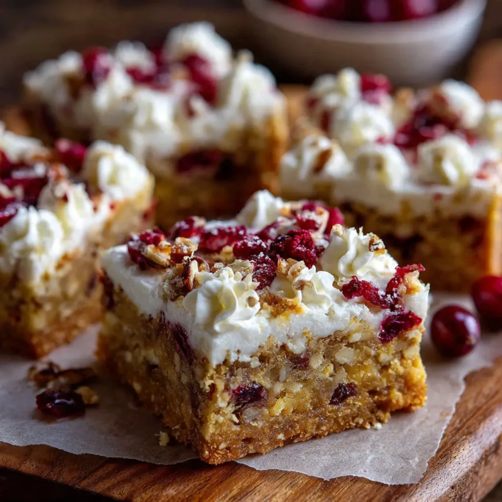 Cranberry bliss bars topped with cream cheese frosting and cranberries on a wooden serving board.