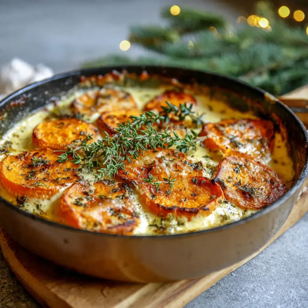 Creamy sweet potato rounds baked in a cast-iron skillet with fresh thyme and a golden, bubbly cream sauce.