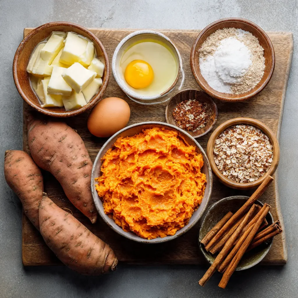 A top-down view of sweet potato bake ingredients including whole sweet potatoes, mashed sweet potatoes, butter cubes, eggs, cinnamon sticks, oats, and seasonings arranged on a wooden board.