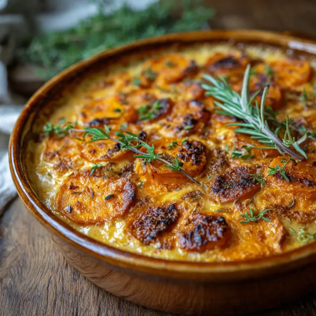 A rustic casserole dish filled with creamy baked sweet potatoes, topped with crisp golden edges and fresh rosemary.