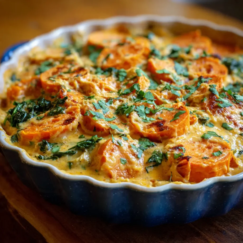 A creamy sweet potato bake topped with chopped herbs and spinach swirled into the rich sauce.