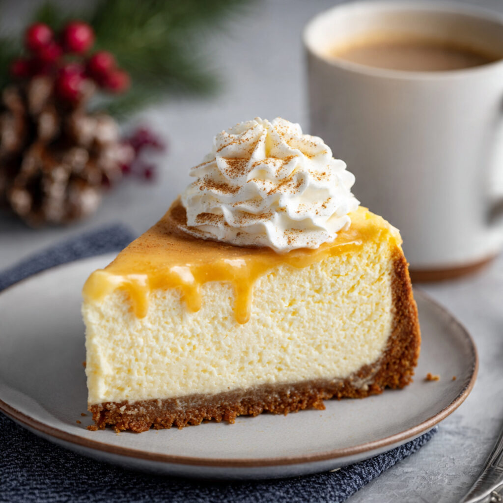 A slice of eggnog cheesecake topped with whipped cream and nutmeg, served beside a cup of coffee.
