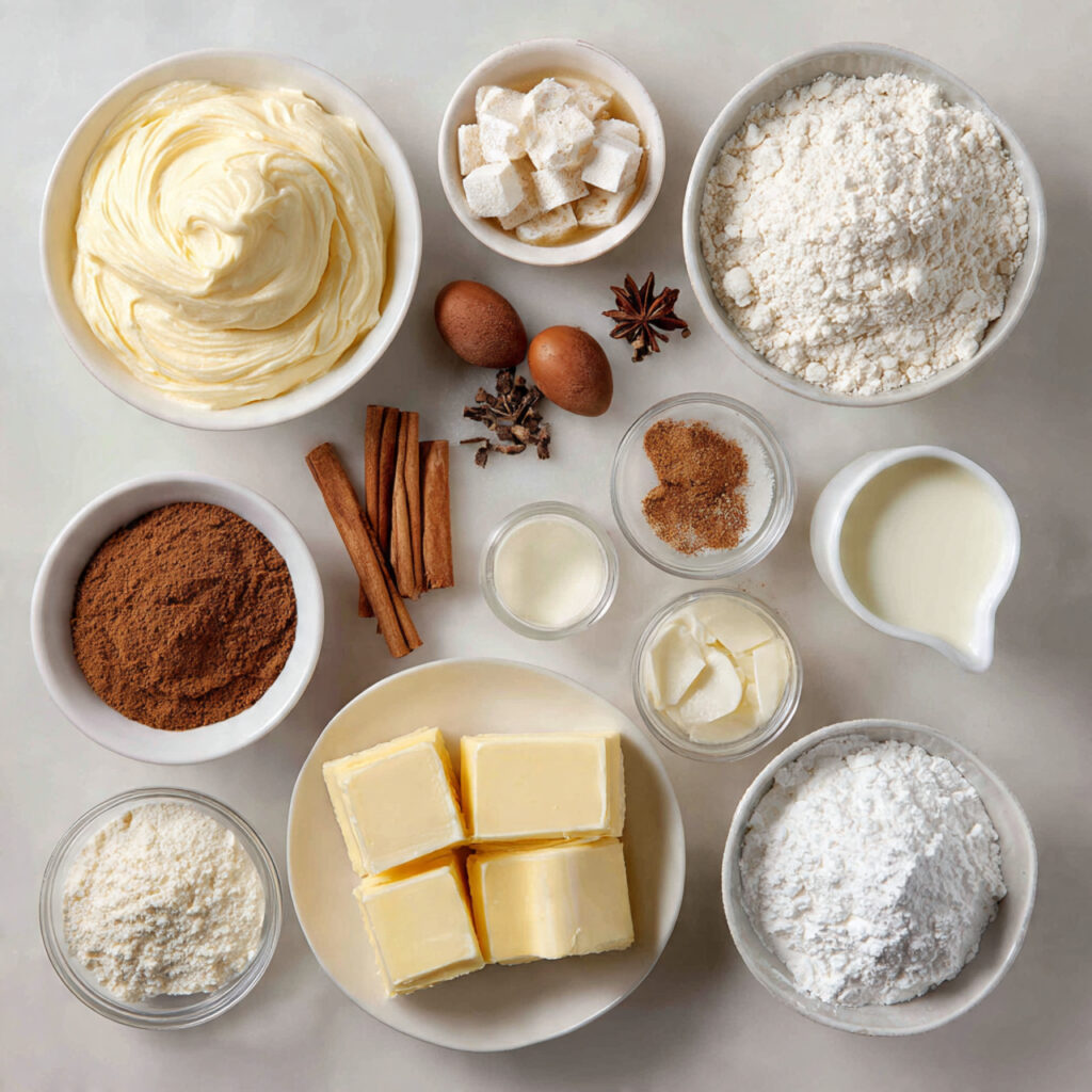 Holiday cheesecake ingredients arranged on a counter, including cream cheese, butter, flour, spices, eggs, sugar, and milk.
