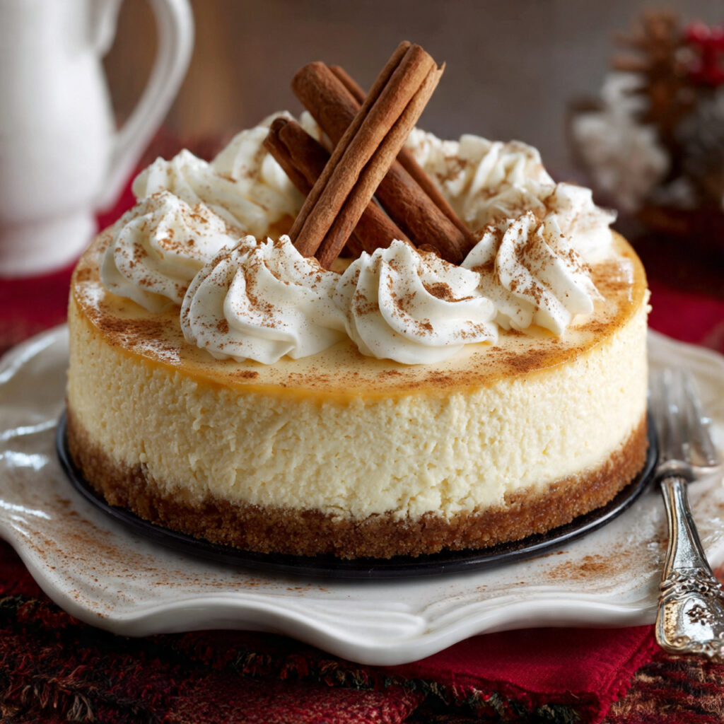 A whole eggnog cheesecake with whipped cream swirls and cinnamon sticks on top, displayed on a white plate.