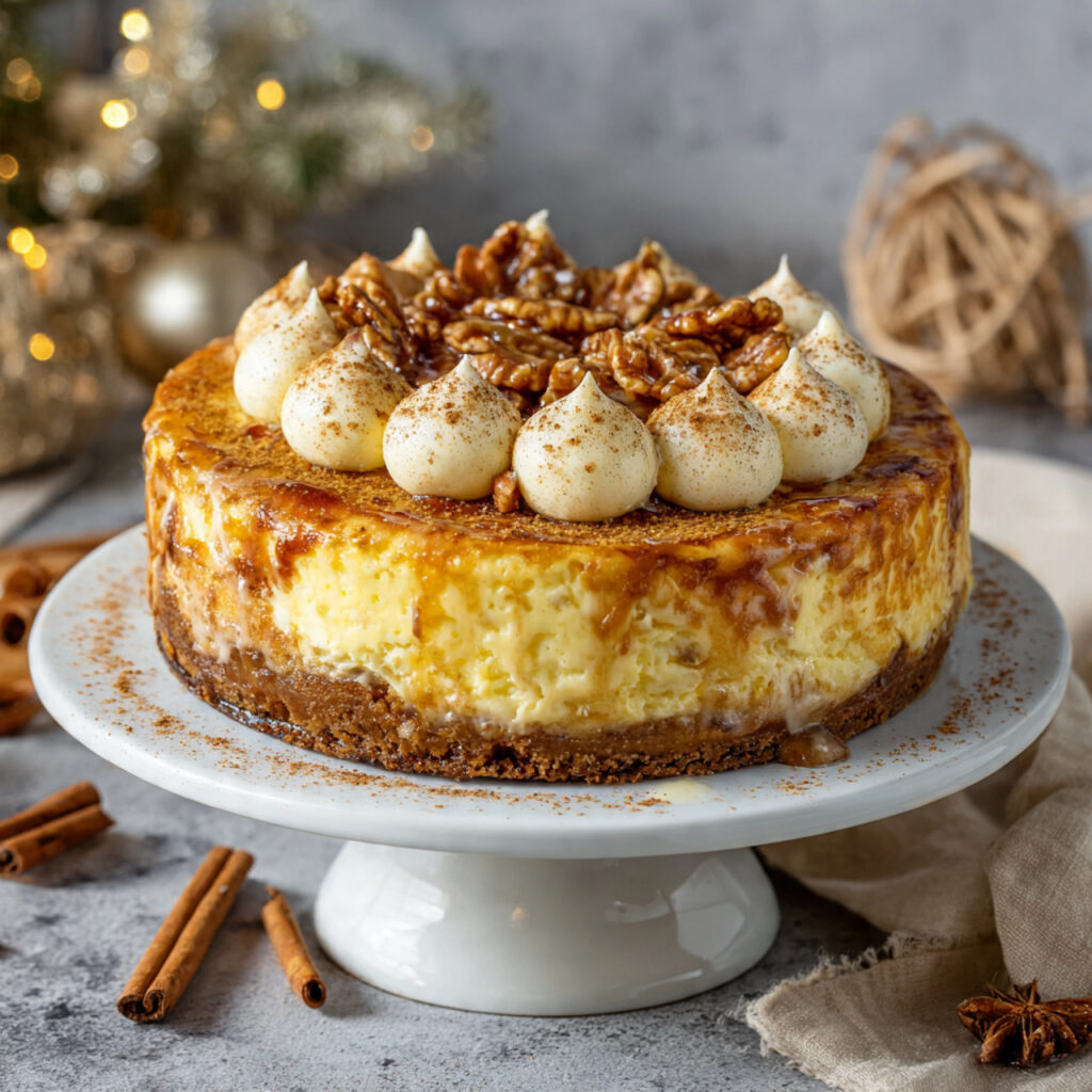 Holiday eggnog cheesecake topped with caramel, pecans, and whipped cream dollops on a white cake stand.