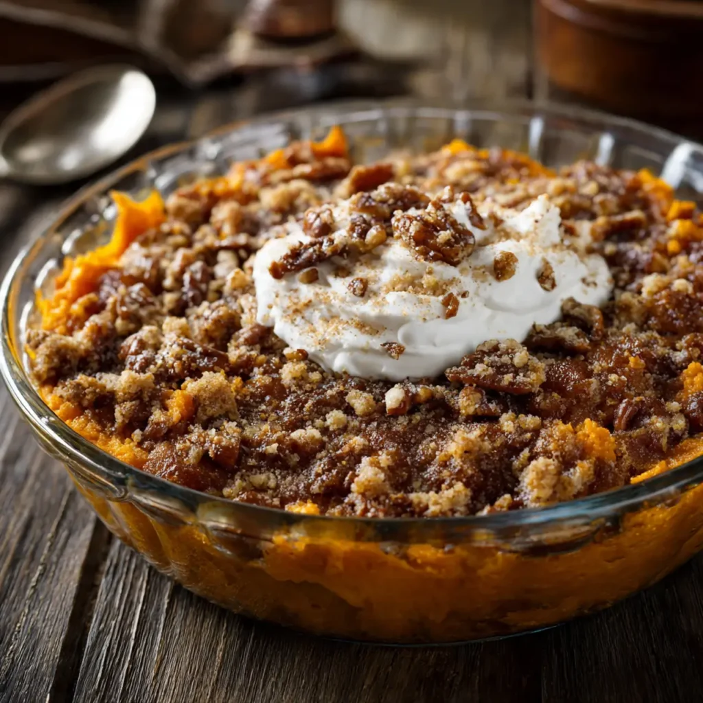 Close-up of a gluten-free sweet potato casserole in a glass dish topped with a pecan crumble and whipped topping.