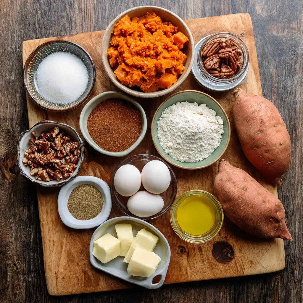 A top-down view of gluten-free sweet potato casserole ingredients, including mashed sweet potatoes, pecans, flour, sugar, eggs, butter, and oil arranged on a wooden board.