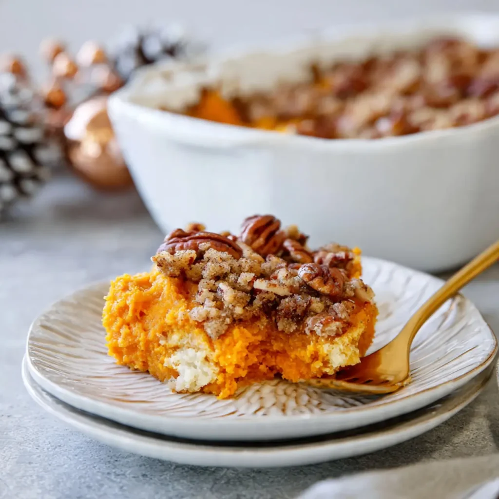 A plated slice of gluten-free sweet potato casserole with pecan topping on a white dish, served with a gold fork.