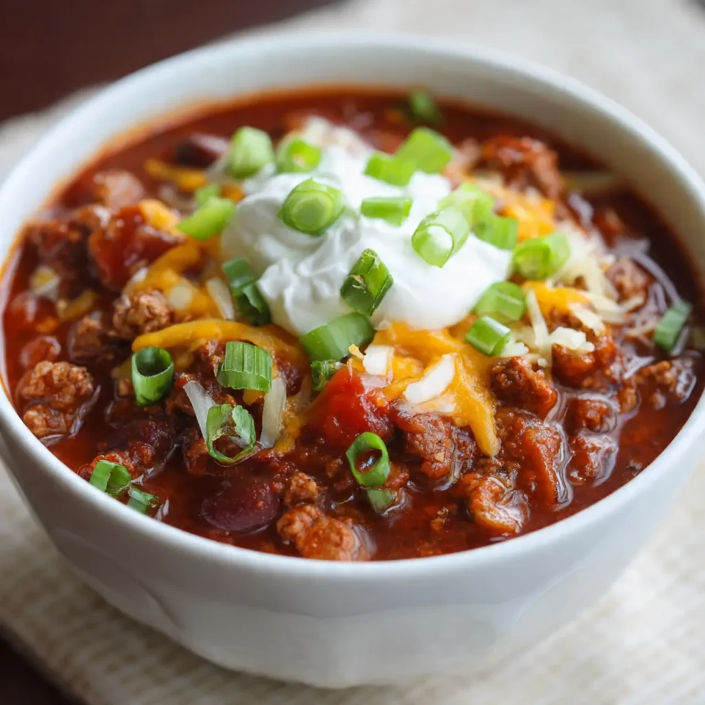 A white bowl of classic crockpot chili topped with sour cream, melted cheese, and chopped green onions.