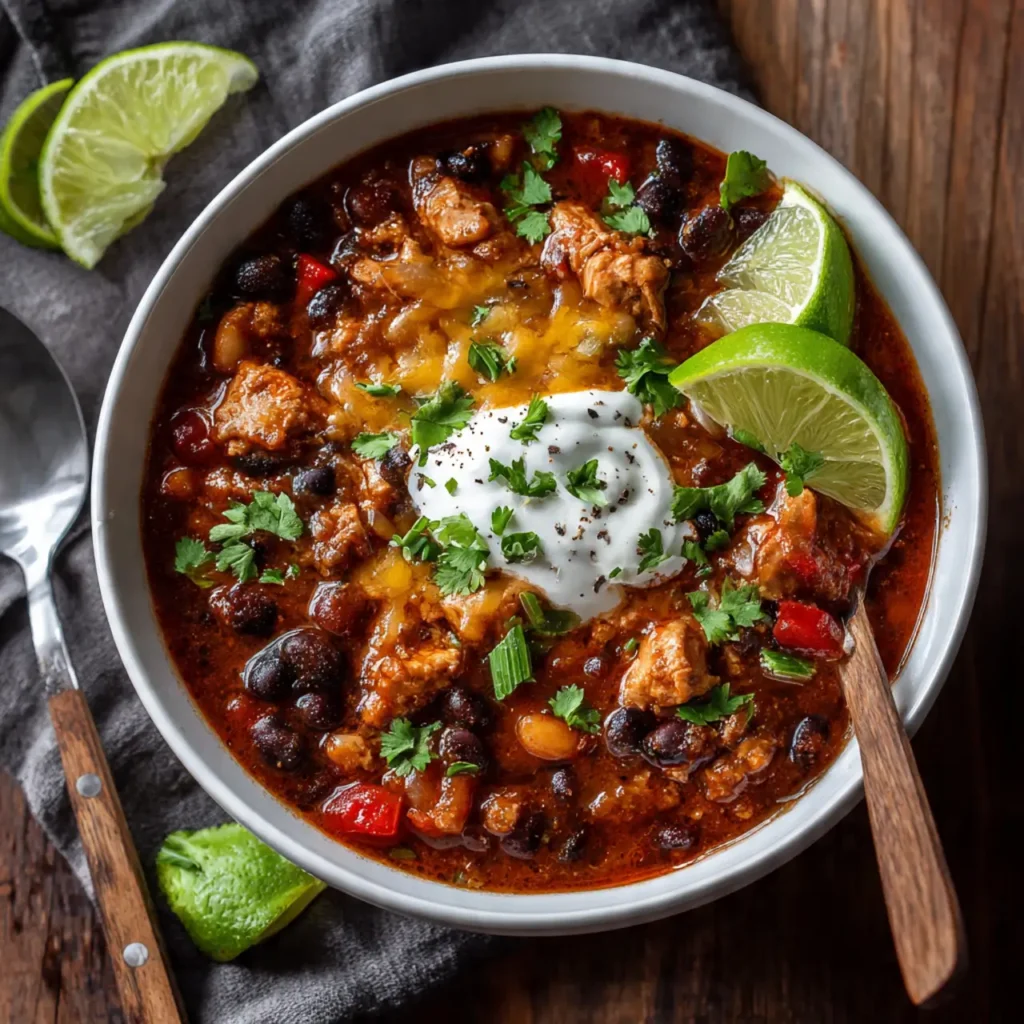 A bowl of chili featuring black beans, tomatoes, and chicken or beef, garnished with lime wedges, shredded cheese, cilantro, and sour cream.