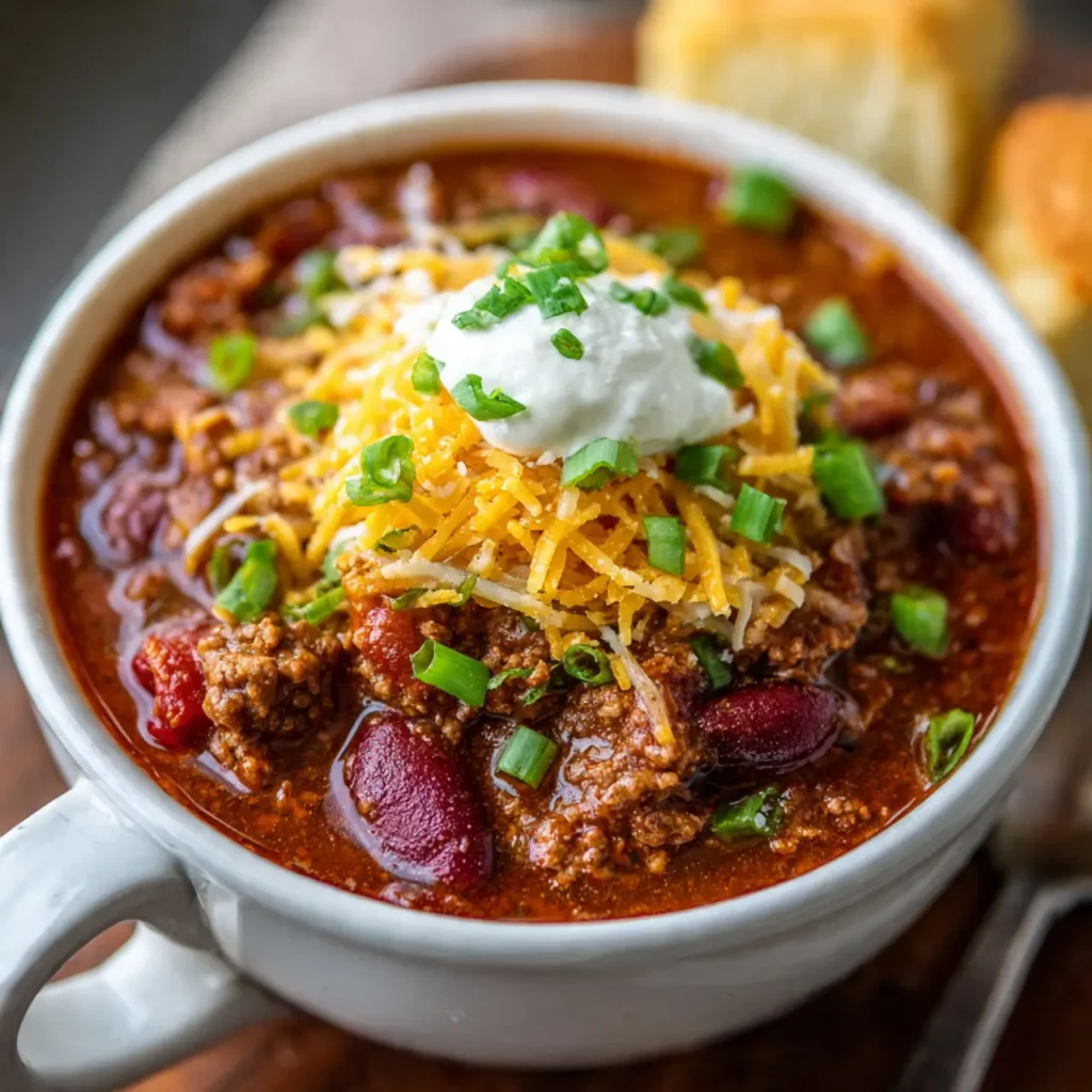 A bowl of slow cooker chili topped with shredded cheddar, sour cream, and chopped green onions, served with cornbread in the background.