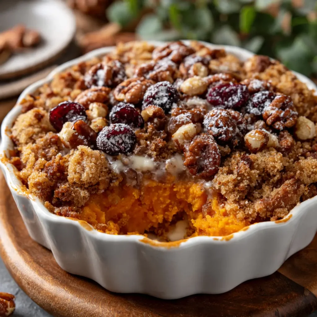 A baked Thanksgiving sweet potato casserole topped with a golden crumble, cranberries, and nuts in a white dish.