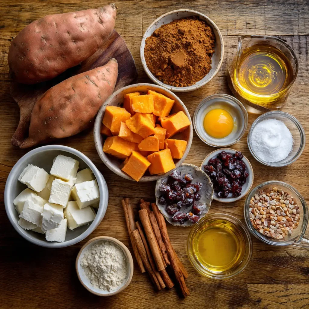 Top-down view of sweet potato casserole ingredients including sweet potatoes, cream cheese, spices, eggs, dried cranberries, nuts, and oil.