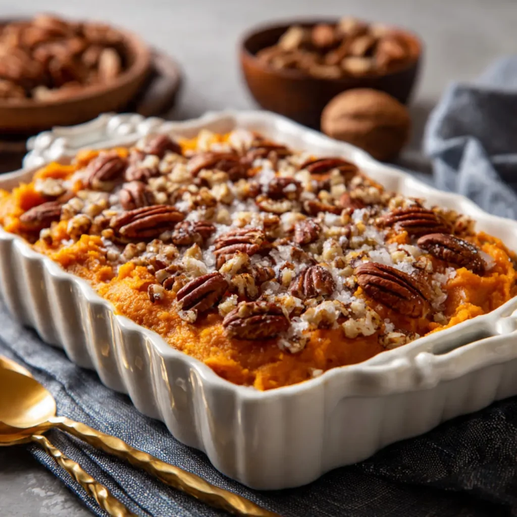 A white baking dish filled with creamy sweet potato casserole topped with pecans and a sugar crumble.
