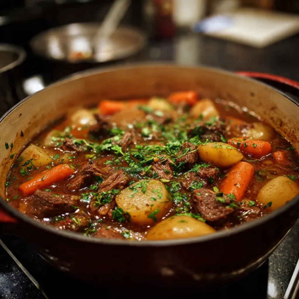Beef stew simmering in a pot with tender beef, carrots, potatoes, and rich broth.