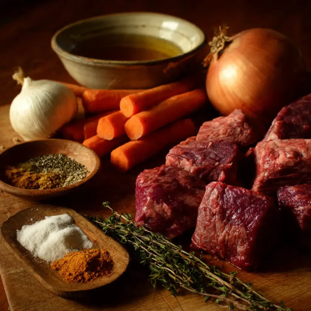 Beef stew ingredients including raw beef chunks, carrots, onion, garlic, herbs, spices, and oil arranged on a wooden board.