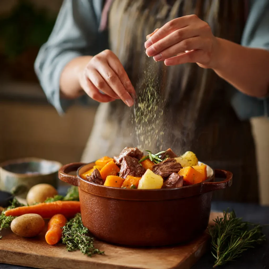 Hands sprinkling seasoning over beef stew with carrots and potatoes in a cooking pot.