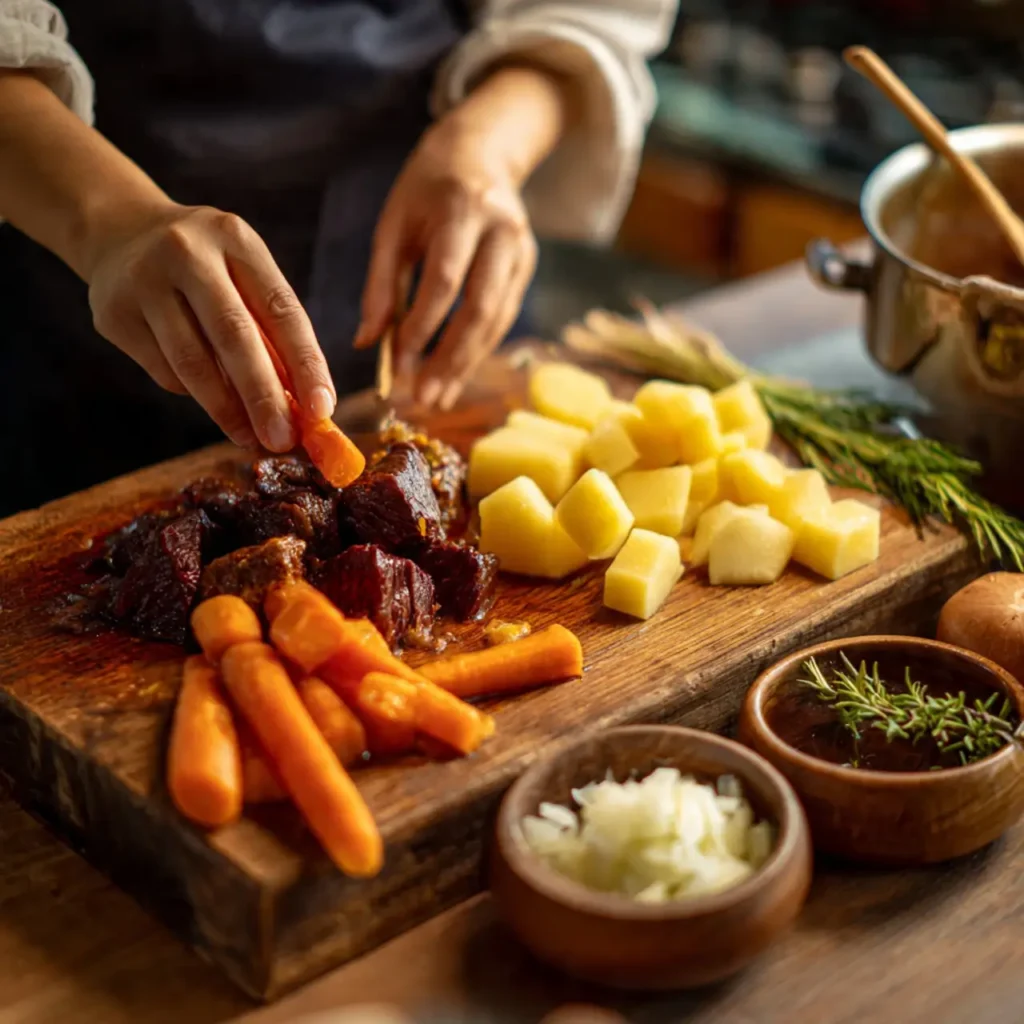 Hands preparing beef stew ingredients with beef, carrots, potatoes, onion, and herbs on a wooden cutting board.
