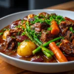 A bowl of beef stew with tender beef, carrots, potatoes, and herbs in a rich gravy.