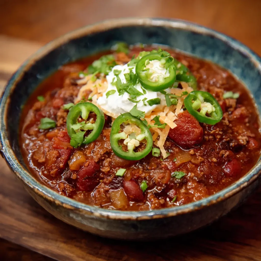 A hearty bowl of classic beef chili topped with sliced jalapeños, shredded cheese, sour cream, and fresh cilantro, served in a rustic blue ceramic bowl.