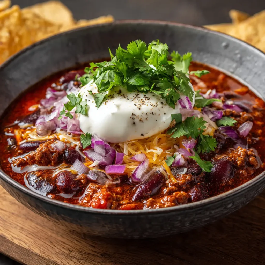 A bowl of spicy chili filled with ground beef, kidney beans, shredded cheese, red onions, and a large scoop of sour cream topped with fresh cilantro.