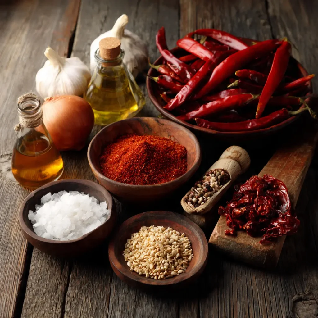 Assorted chili ingredients including dried red peppers, garlic, onion, oil, coarse salt, spices, and seeds arranged beautifully on a rustic wooden table.