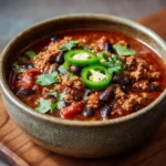 Homemade chili with ground beef, black beans, tomatoes, and sliced jalapeños served in a stoneware bowl and garnished with fresh cilantro.