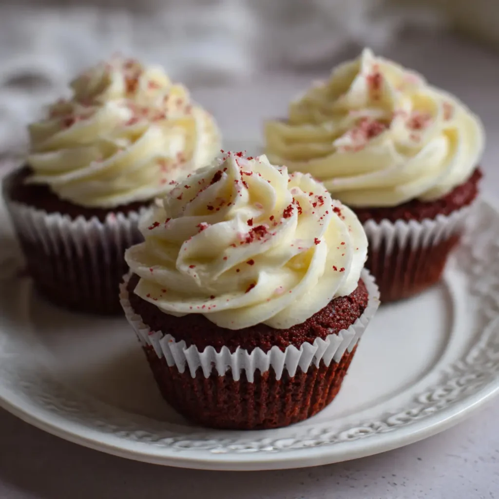 Three classic red velvet cupcakes topped with swirled cream cheese frosting and red crumb sprinkles on a white plate.
