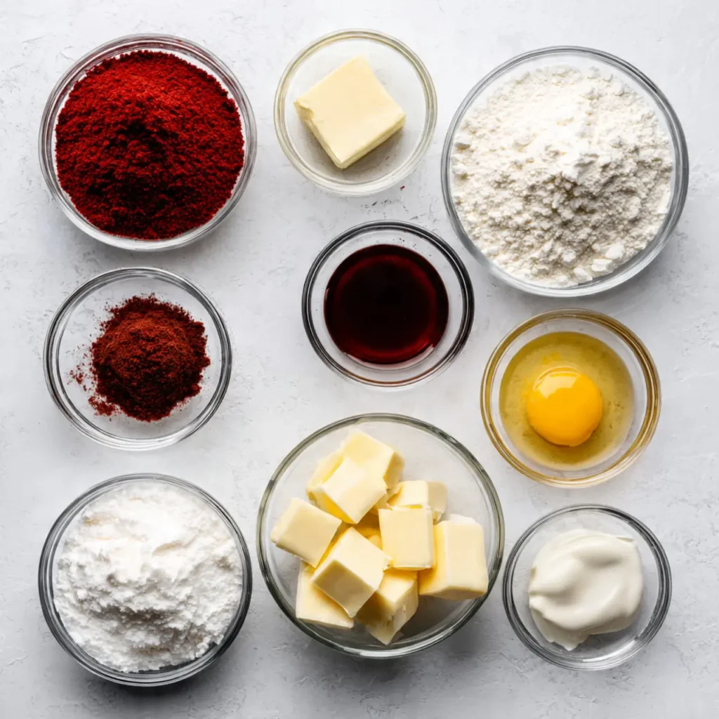 Flat lay of classic red velvet cupcake ingredients including flour, butter, cocoa powder, red food coloring, egg, powdered sugar, and sour cream arranged in clear bowls.