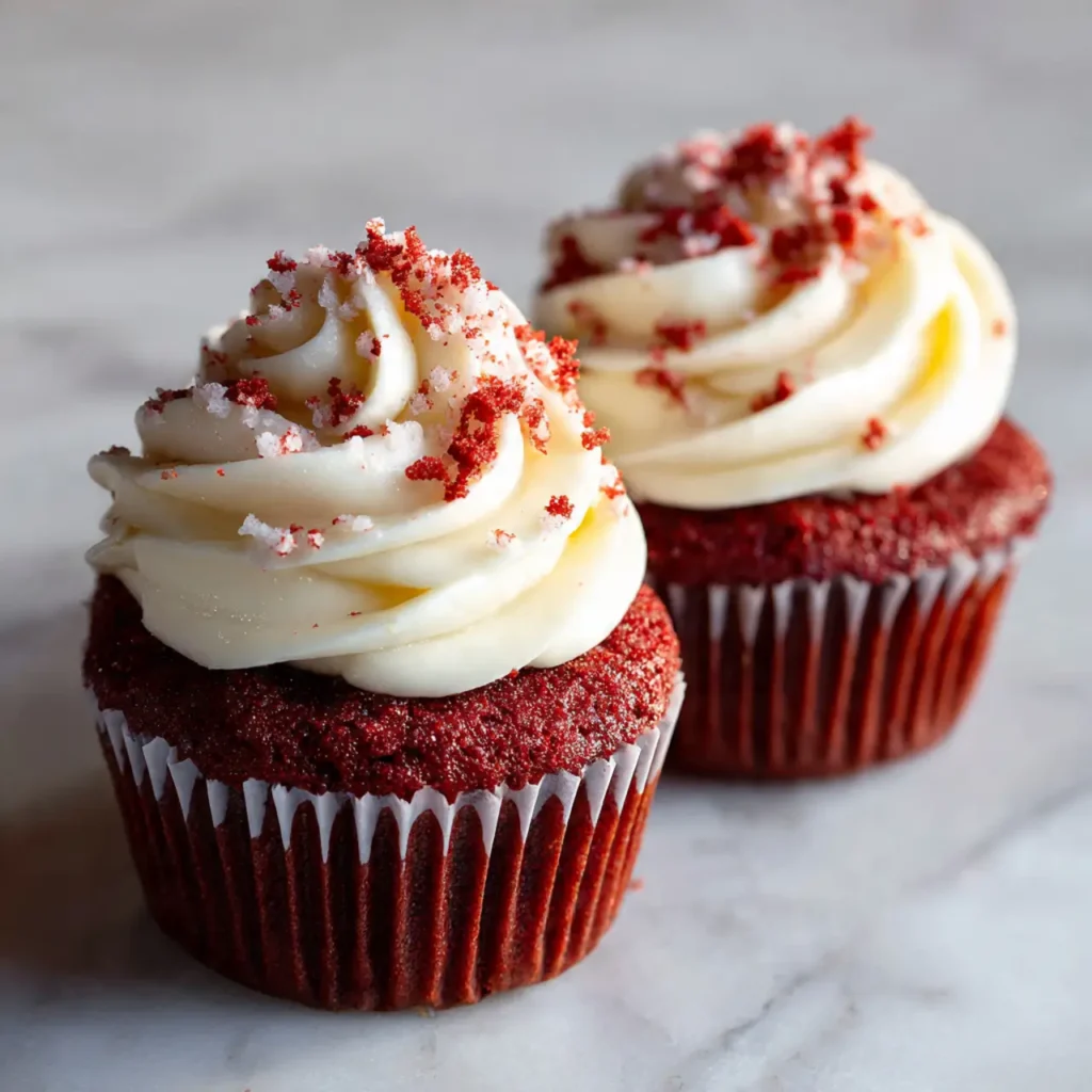 Two red velvet cupcakes with cream cheese frosting and red crumb topping on a marble surface.