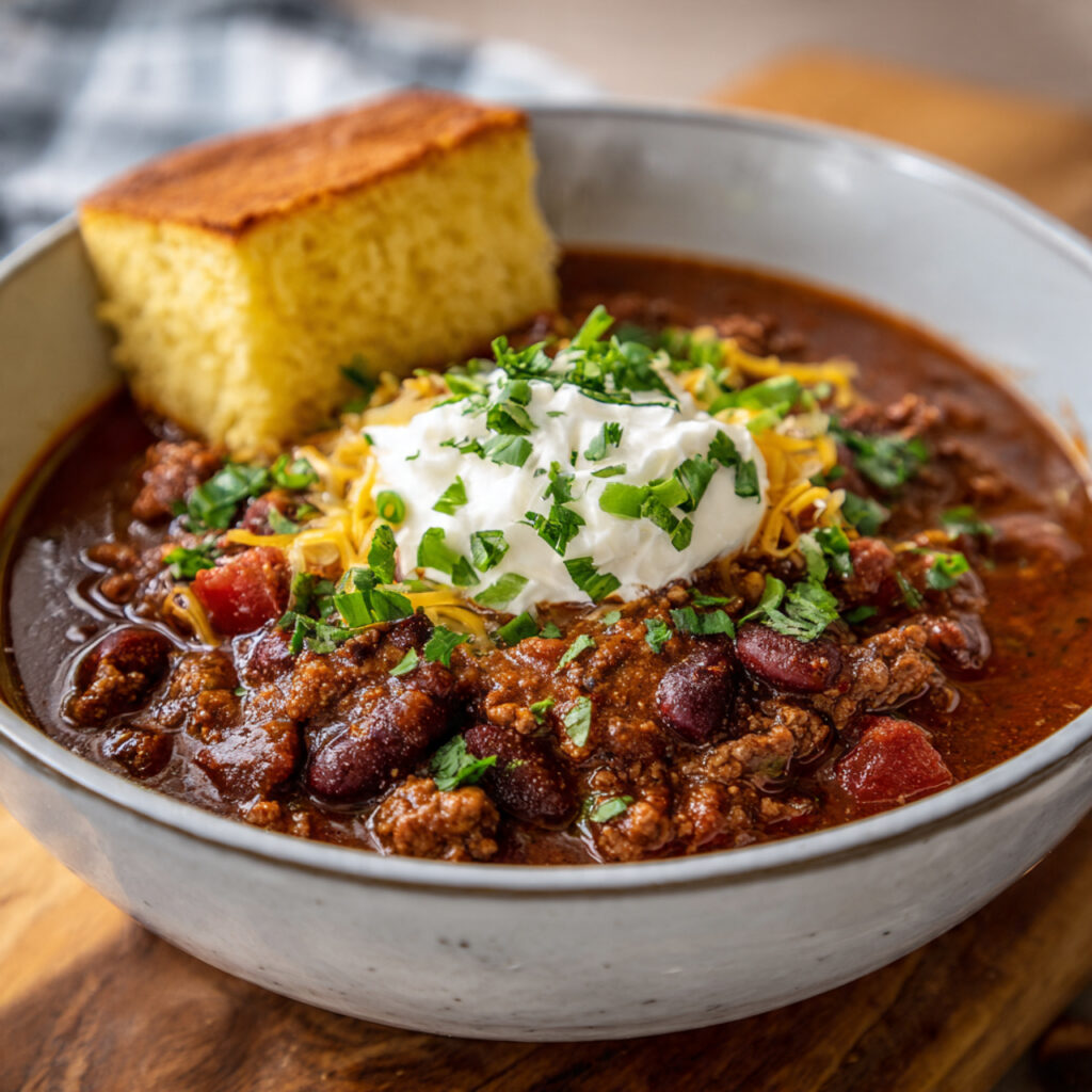 A bowl of crockpot chili topped with sour cream, shredded cheese, and fresh herbs, served with a slice of cornbread.
