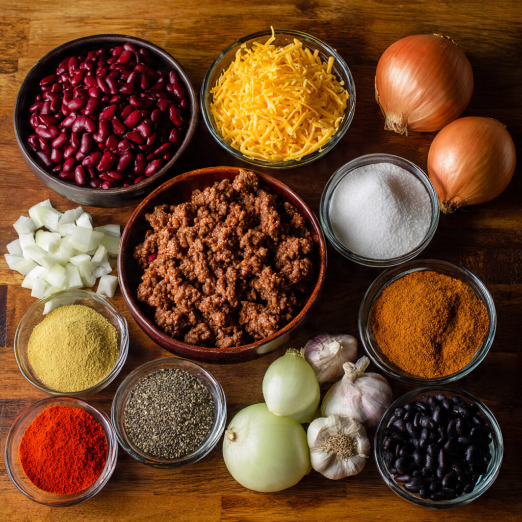 Chili ingredients arranged on a wooden surface, including cooked ground beef, kidney beans, spices, onions, garlic, cheddar cheese, and black beans.