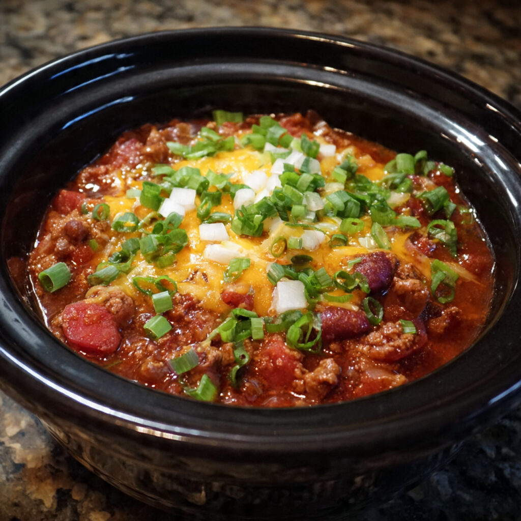 A crockpot filled with chili topped with melted cheese, chopped green onions, and diced white onions.