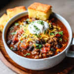A bowl of crockpot chili topped with sour cream, shredded cheese, and parsley, served with slices of cornbread.