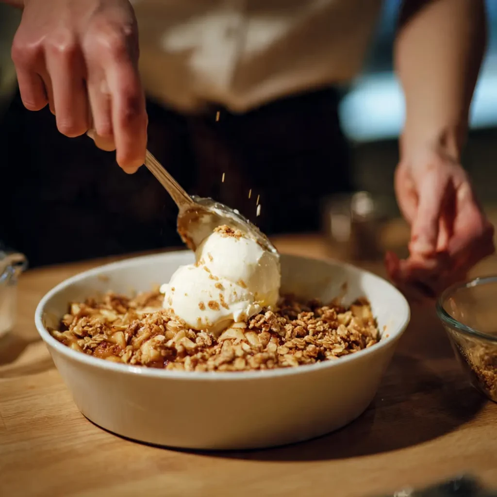 A hand placing scoops of vanilla ice cream onto a warm apple crisp in a white baking dish.