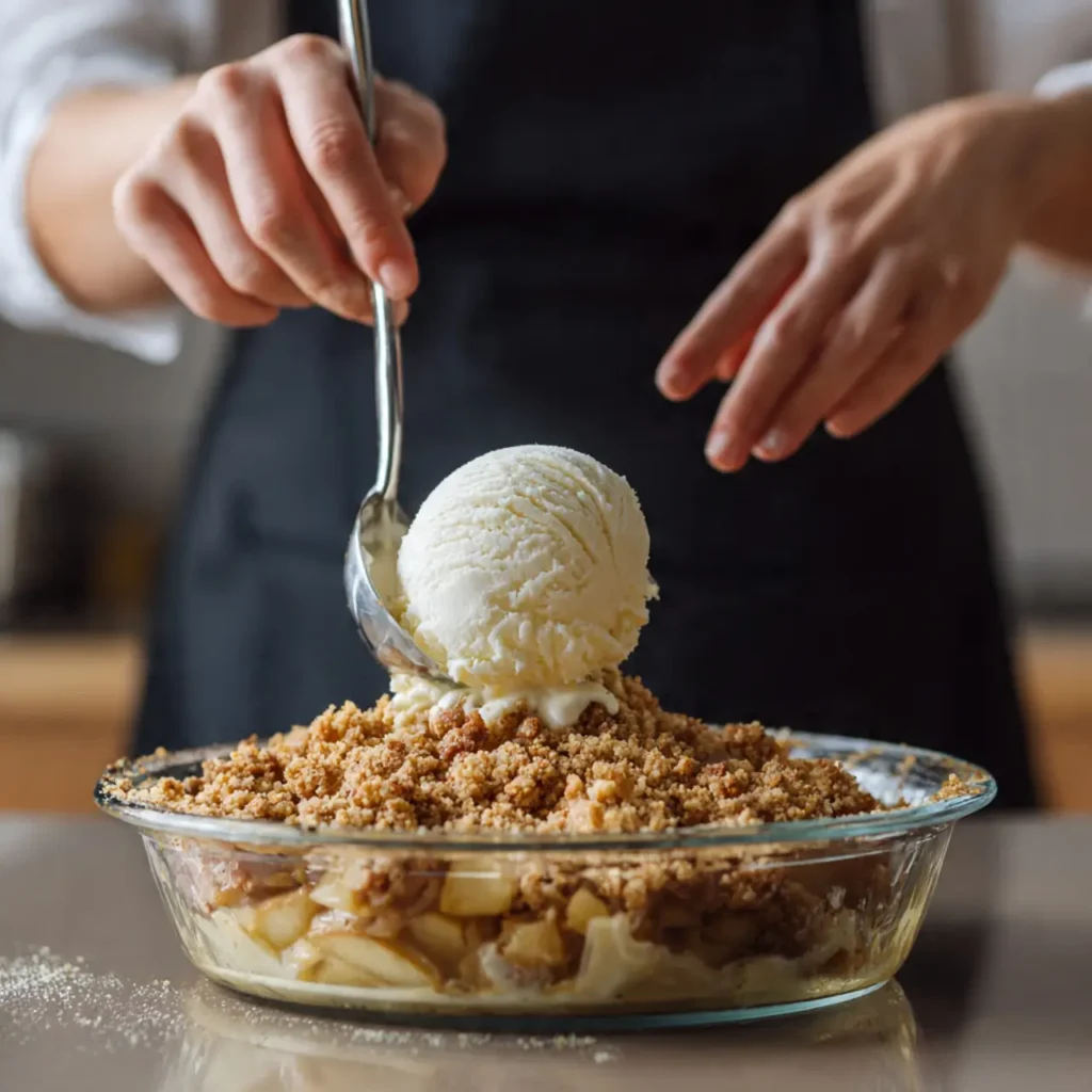 A person spooning vanilla ice cream onto a pan of warm apple crisp with a golden crumble topping.