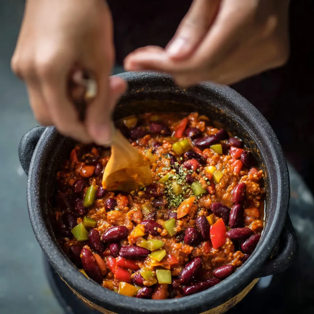 Chili with beans simmering in a dark pot as vegetables and beans are stirred together.