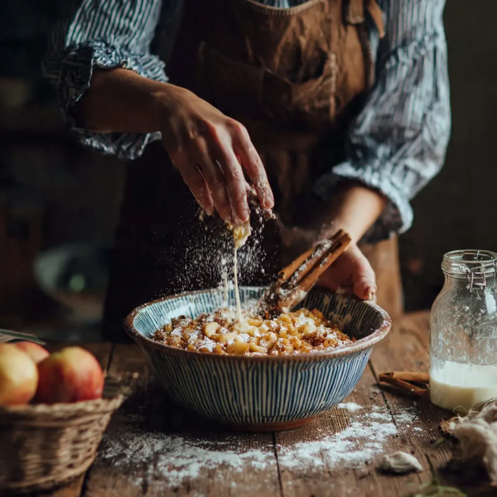 Hands mixing diced apples with flour, cinnamon, and sugar in a bowl to prepare cinnamon apple cake filling.