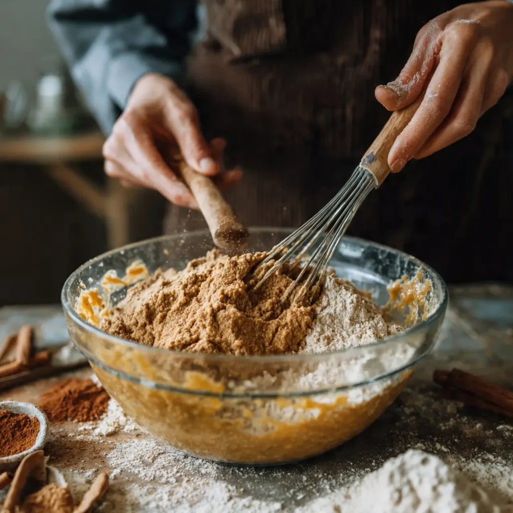 Hands whisking together flour, cinnamon, and cake batter in a glass bowl as ingredients combine.