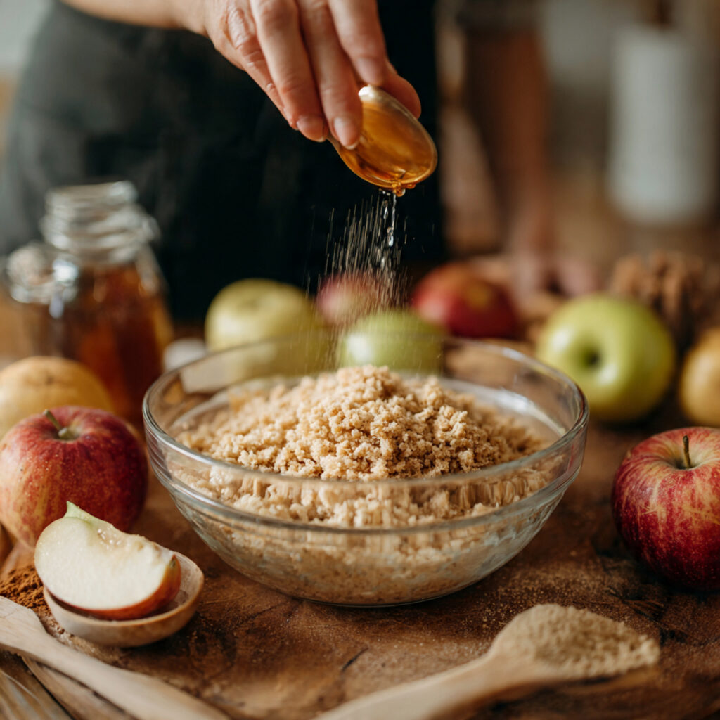 A hand drizzling liquid sweetener over a bowl of crumble topping with apples and baking ingredients nearby.