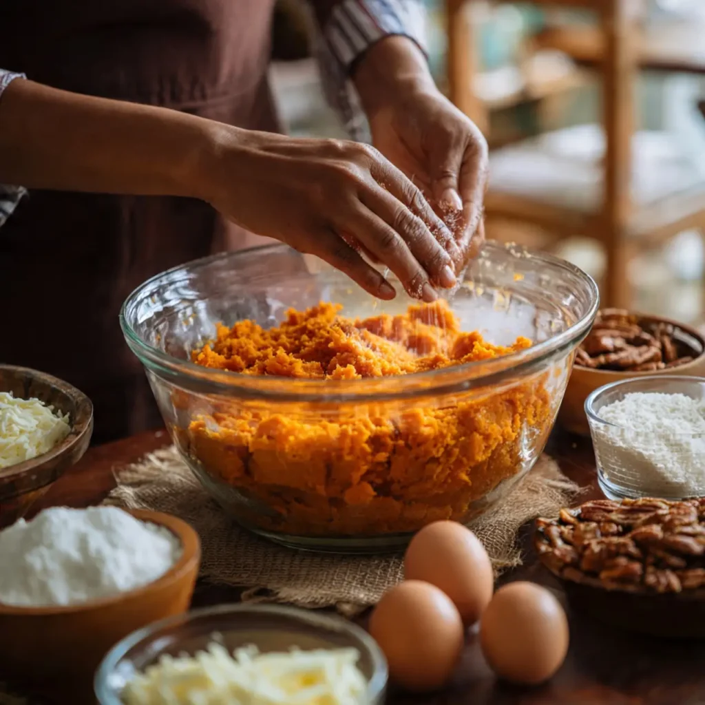 Hands mixing mashed sweet potatoes in a large glass bowl surrounded by baking ingredients like eggs, flour, and pecans.