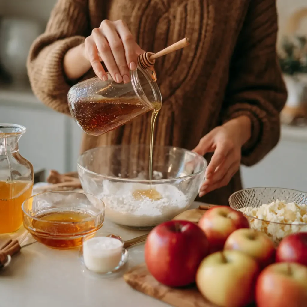 Person pouring honey or apple cider syrup into a mixing bowl surrounded by apples and fall baking ingredients.
