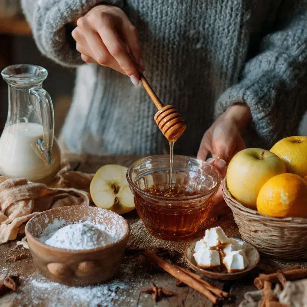 Person drizzling apple cider syrup into a bowl with flour, apples, and spices arranged around a rustic kitchen table.