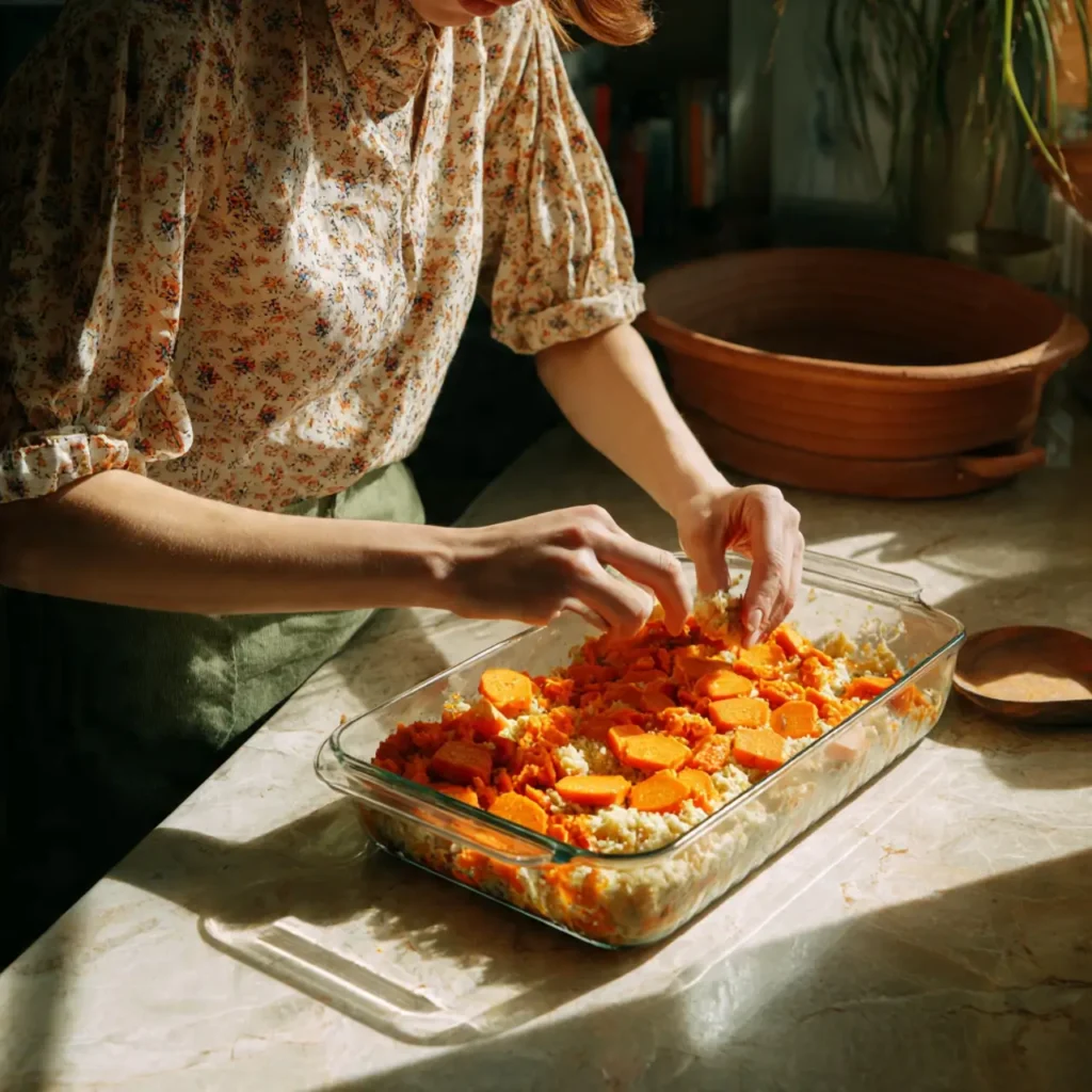 A person assembling a sweet potato bake, layering sliced sweet potatoes into a glass baking dish in warm afternoon light.