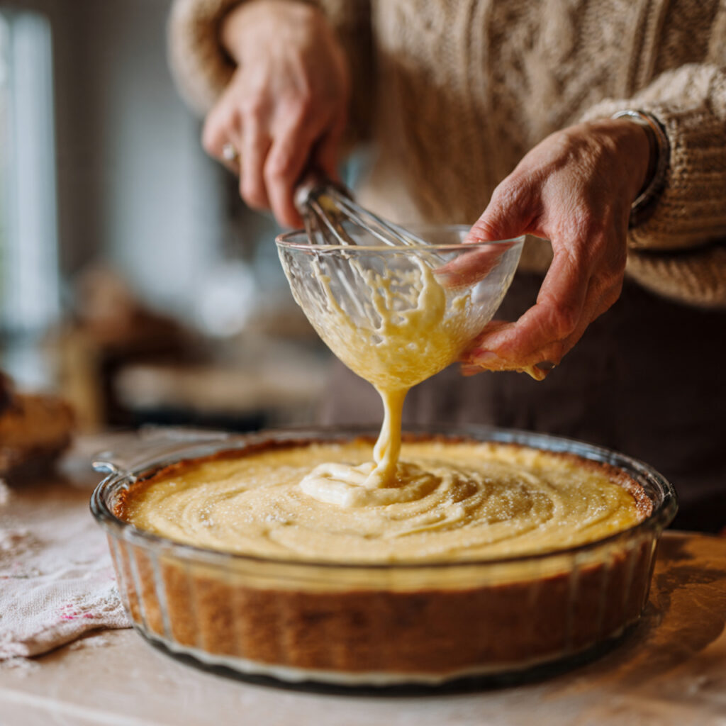 A person whisking creamy eggnog cheesecake filling into a glass pie dish during holiday baking.
