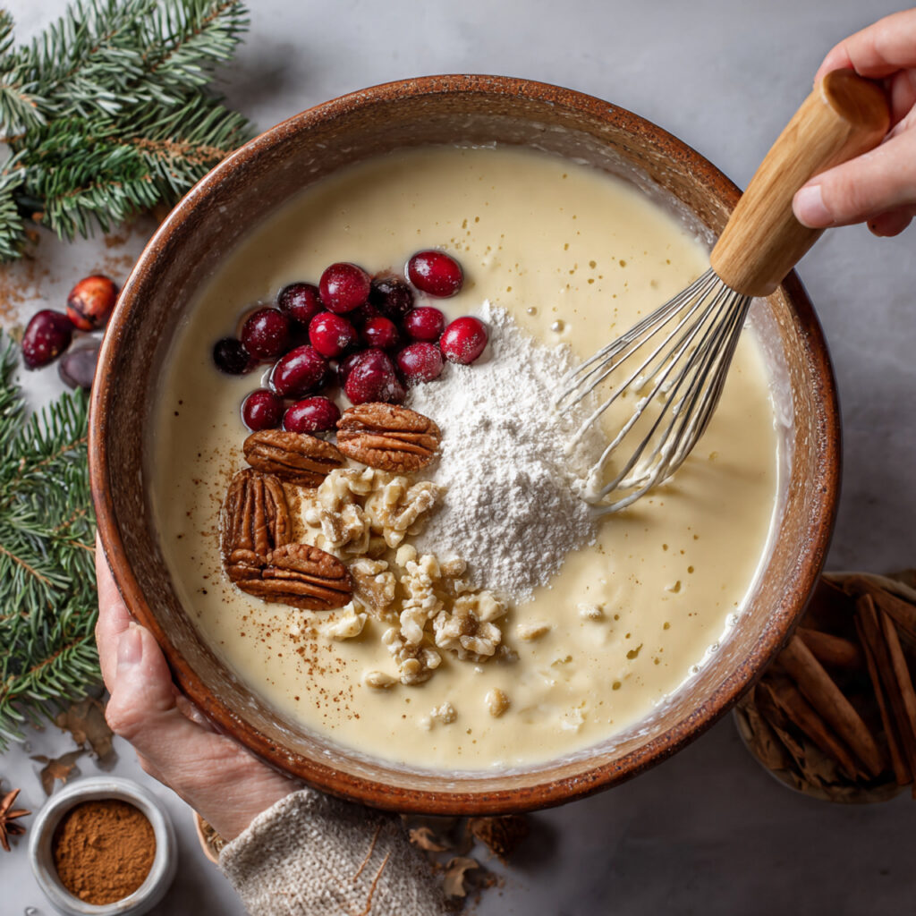 A holiday mixing bowl filled with eggnog cheesecake batter, cranberries, pecans, walnuts, and flour being whisked together.