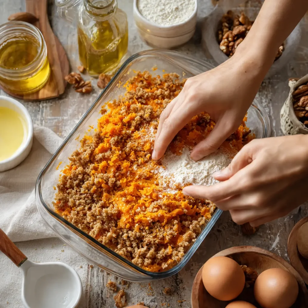 Hands mixing mashed sweet potatoes and crumble topping in a glass baking dish while preparing gluten-free sweet potato casserole.