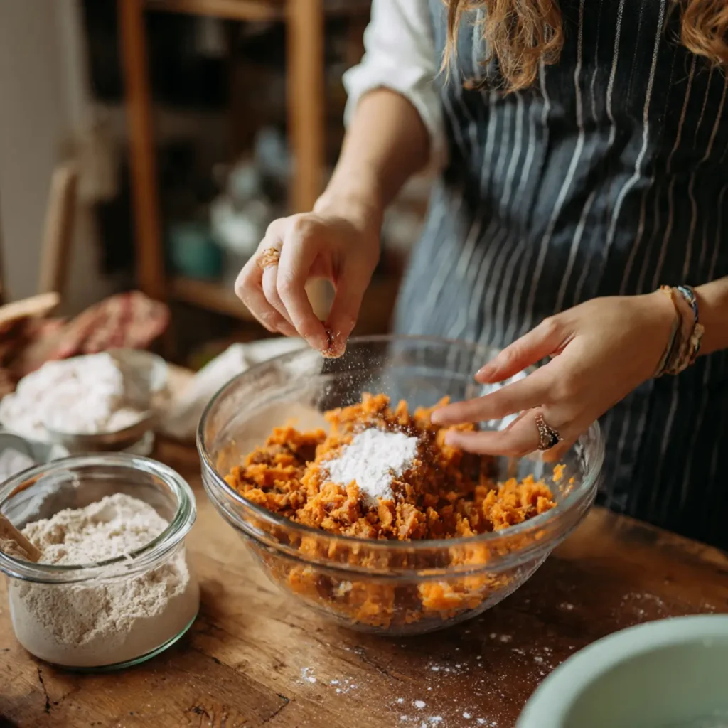 A person sprinkling gluten-free flour into a bowl of mashed sweet potatoes while preparing sweet potato casserole.