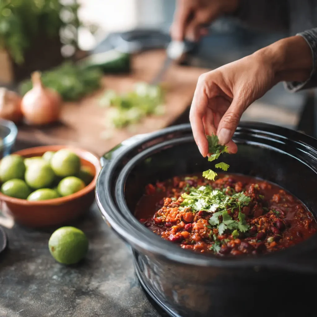 A hand sprinkling fresh cilantro over a pot of slow cooker chili surrounded by limes and chopped ingredients.